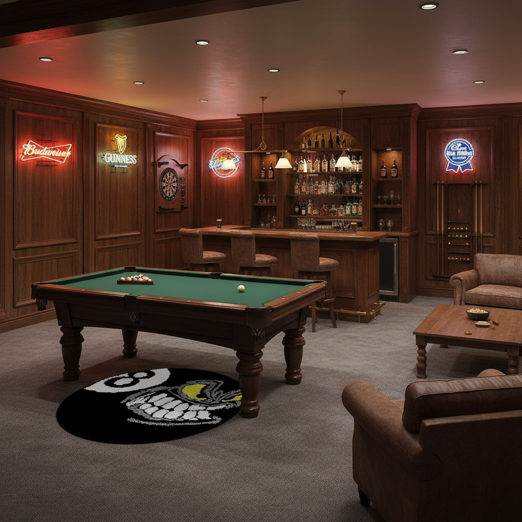 Basement man cave bar with 8-ball rug