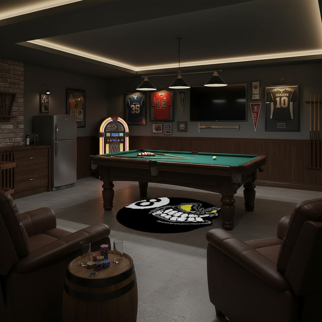 Man cave with 8-ball rug