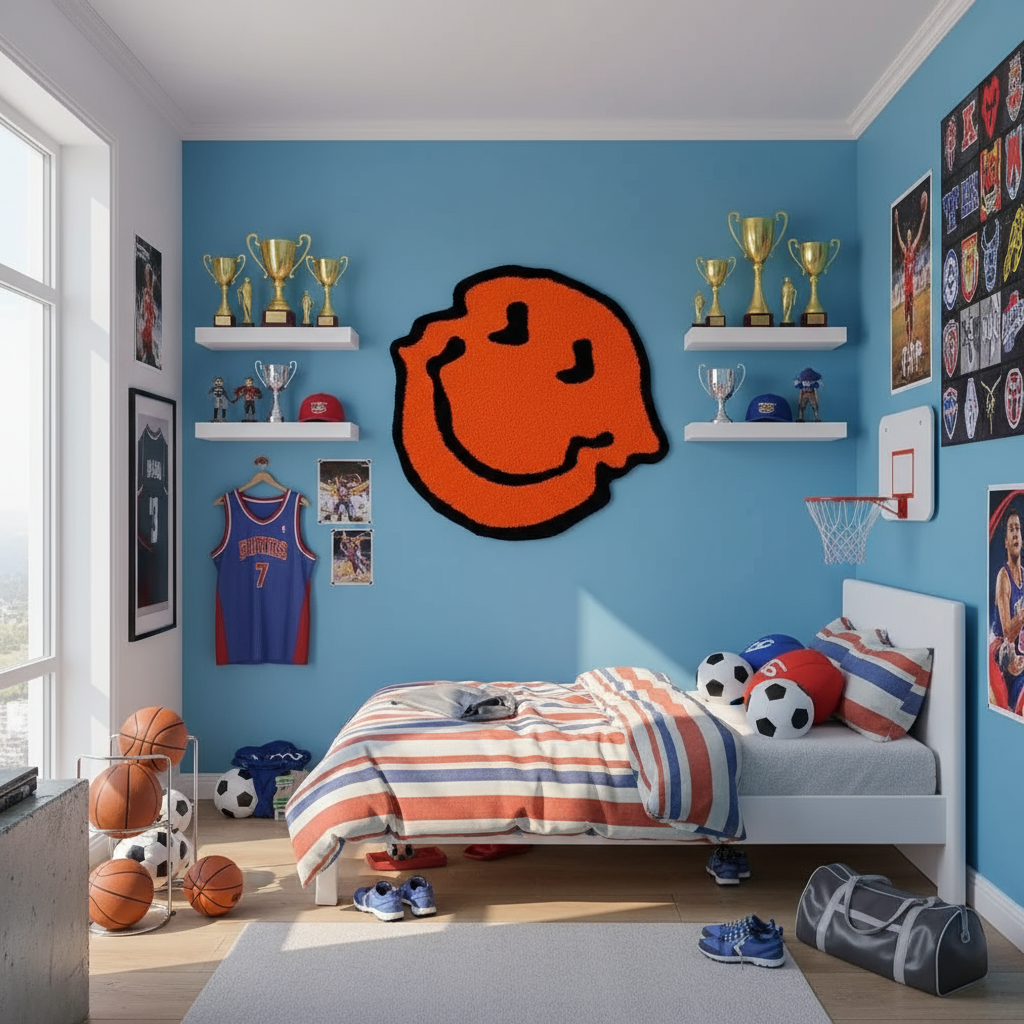 Sports Bedroom with Rug on Wall